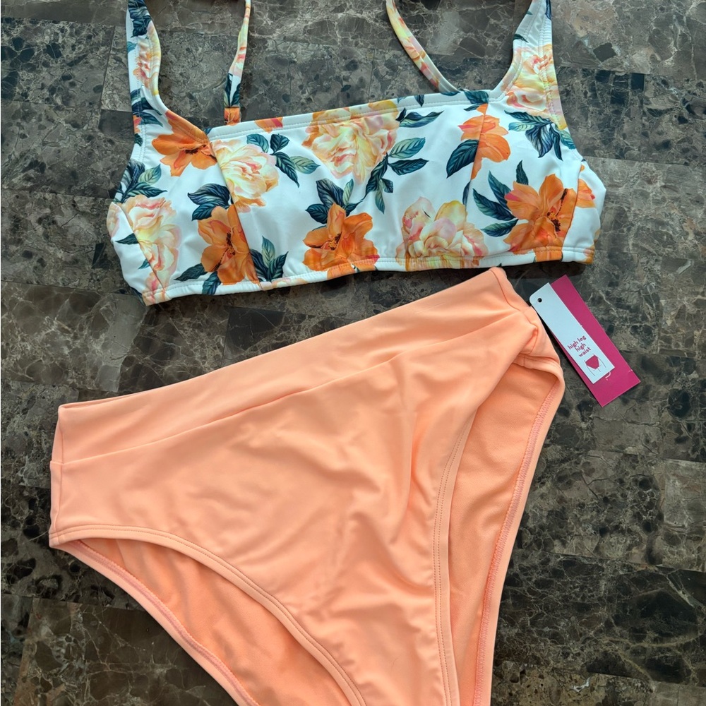 Xhilaration Orange and White Bikini Set Floral Print
